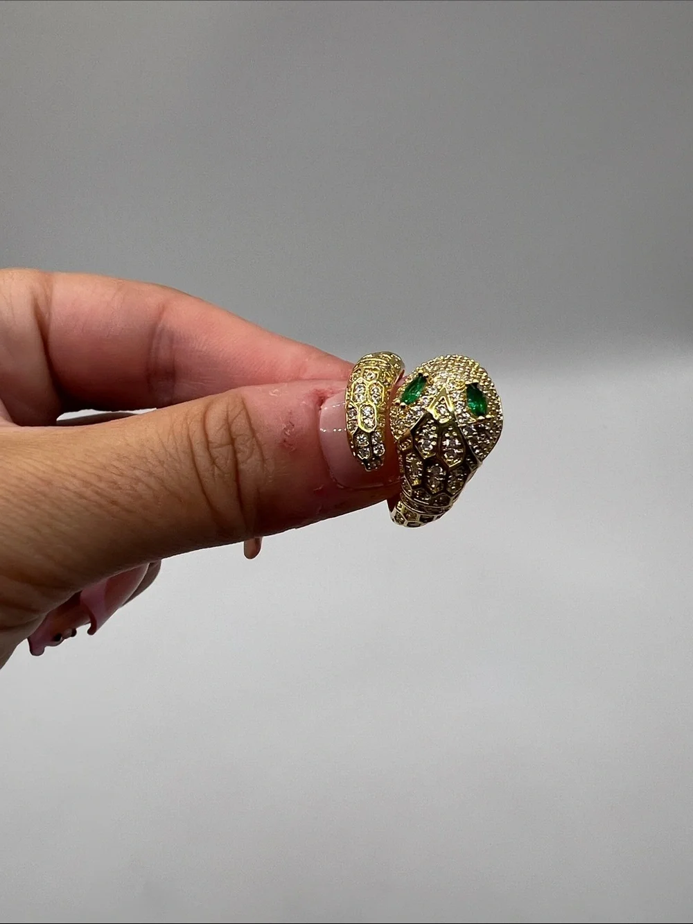 540. 18k Gold Plated over Brass Snake Ring w/ Emerald & Crystal CZ’s.  6 1/2